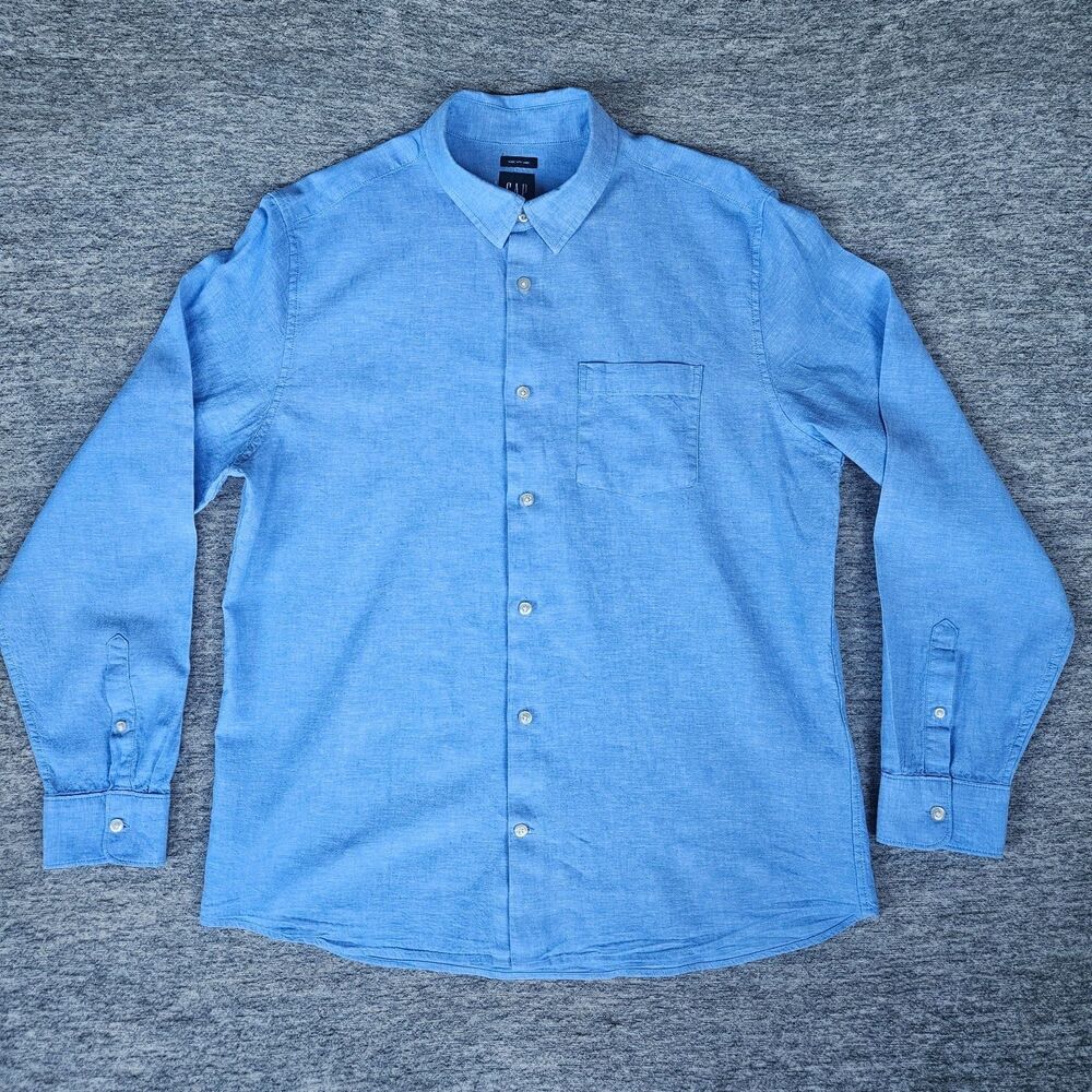 Gap Men's Large Blue Linen Blend Long Sleeve Button Down Shirt Light Chambray